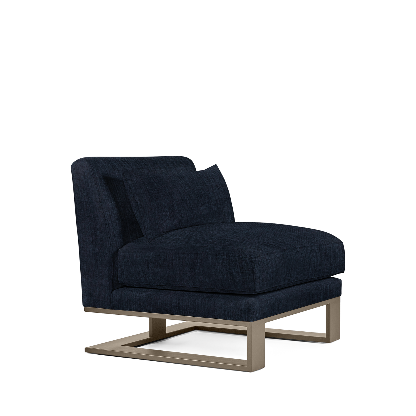Alpes armchair with dark blue textile and champagne colored wood legs 