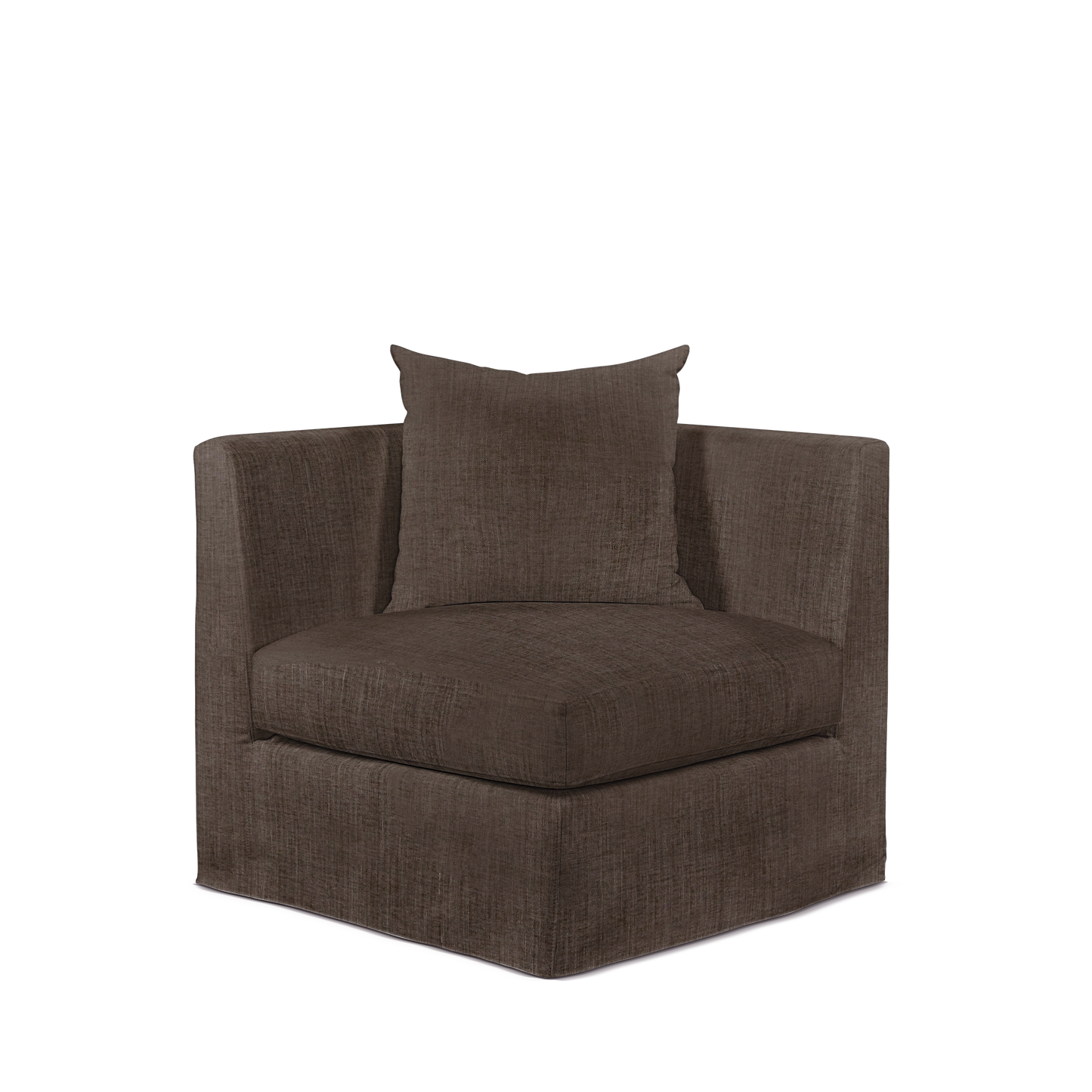 Front view of Breathe armchair with warm grey textile