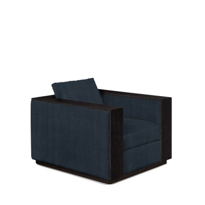 ROBLE ARMCHAIR with dark linco blue textile and chocolate wood 