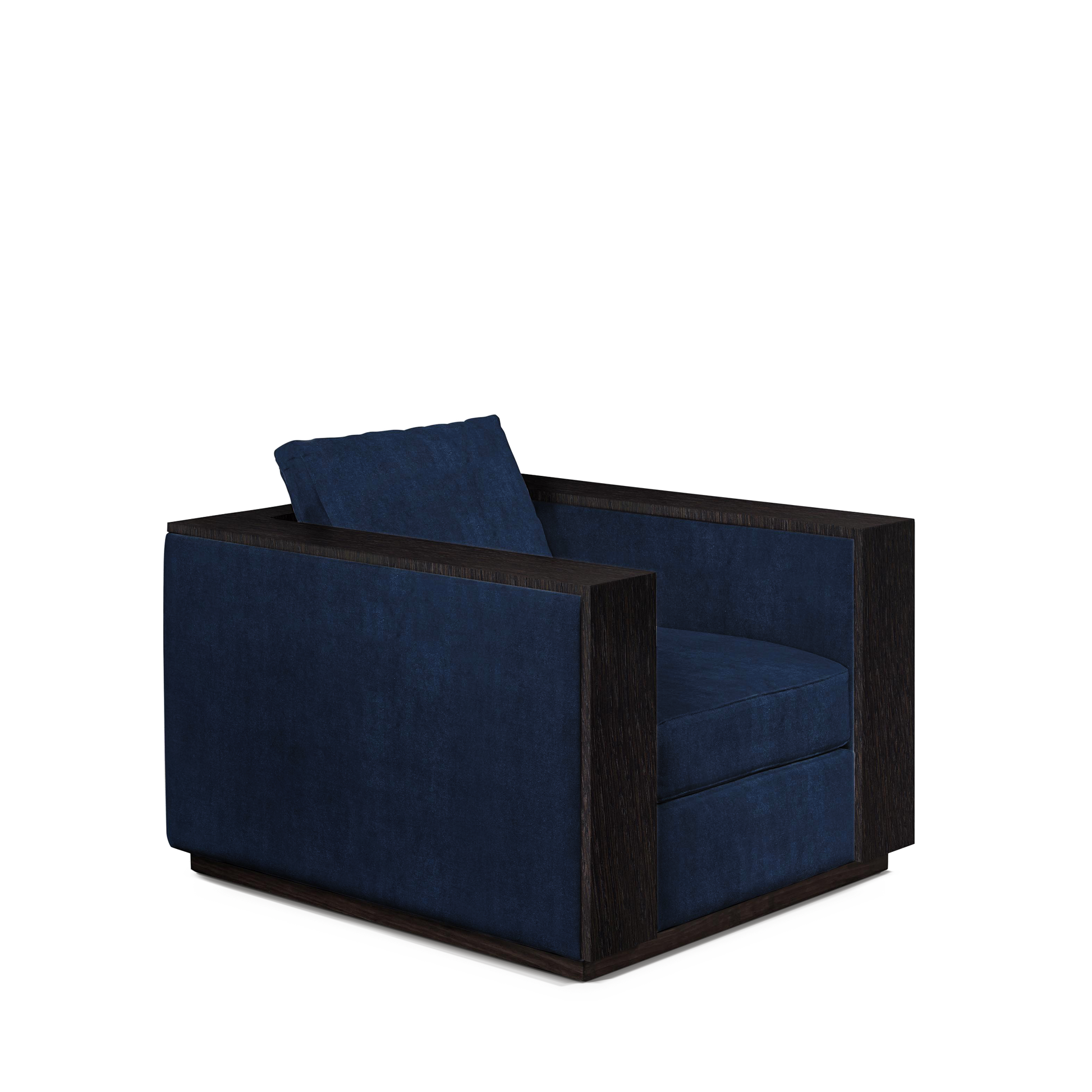 ROBLE ARMCHAIR with London dark blue textile and chocolate wood 