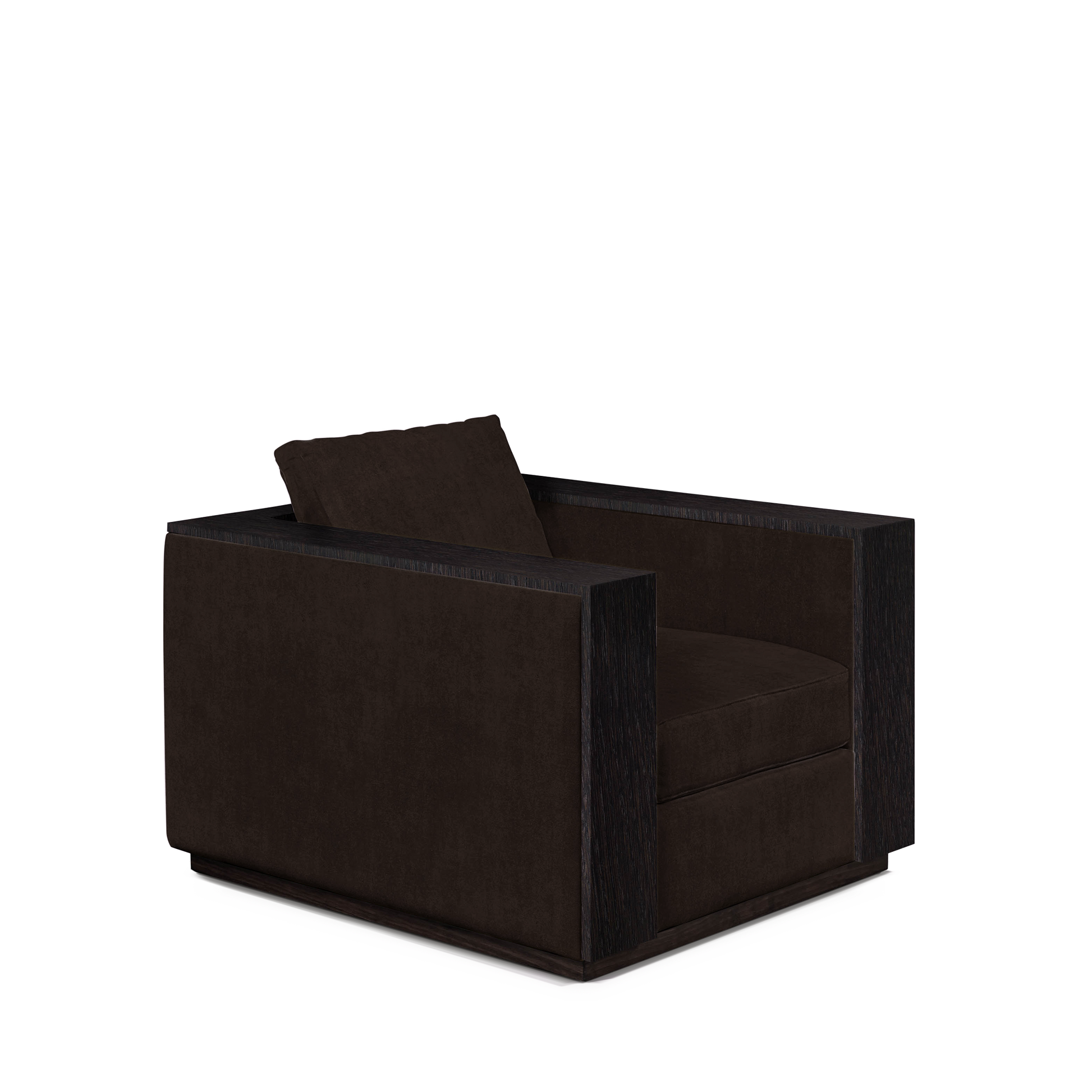 ROBLE ARMCHAIR with dark brown textile and chocolate wood 