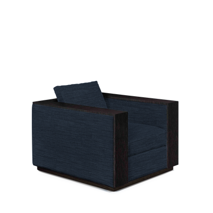 ROBLE ARMCHAIR with Rocco dark blue textile and chocolate wood 