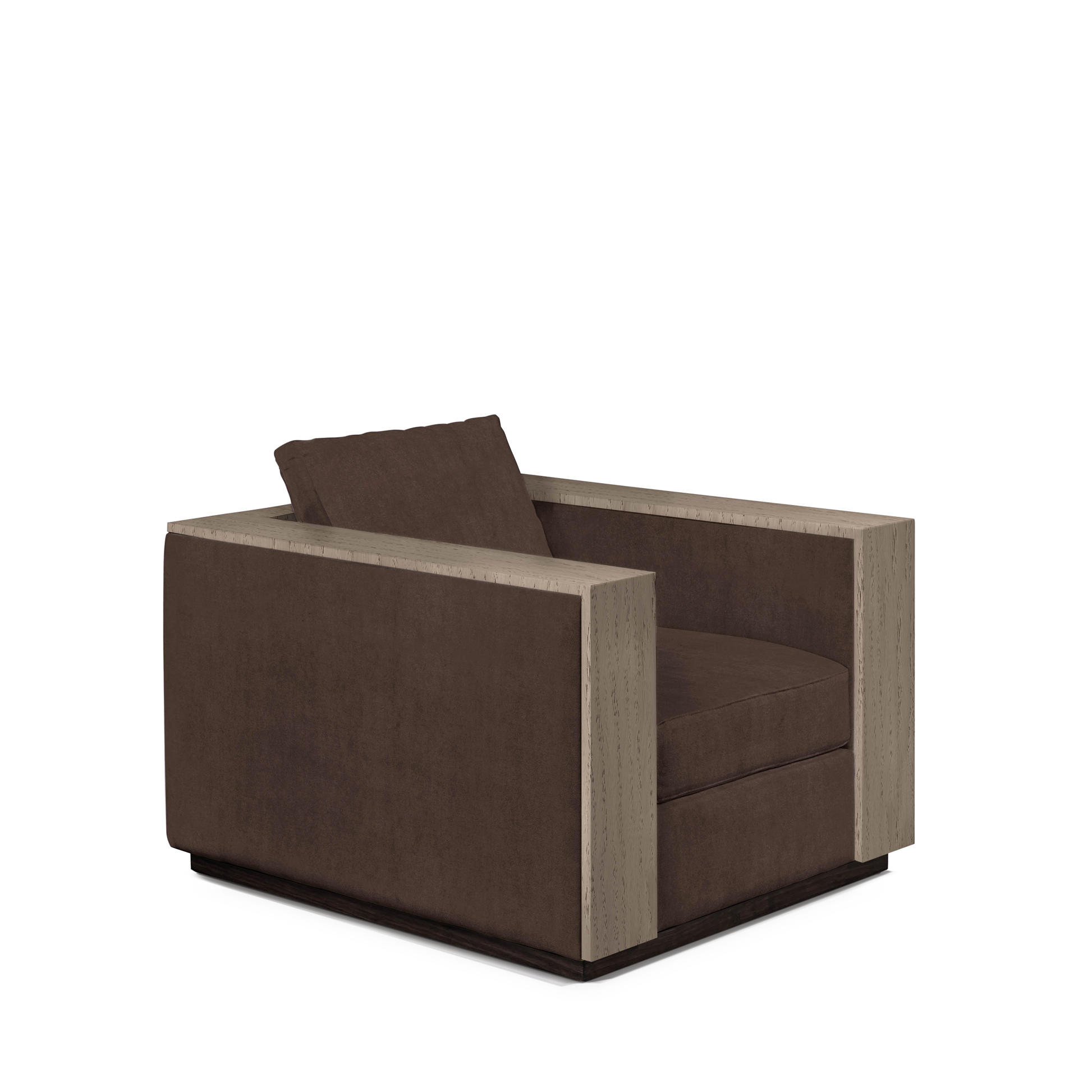 ROBLE ARMCHAIR with suede  brown textile and natural grey wood 