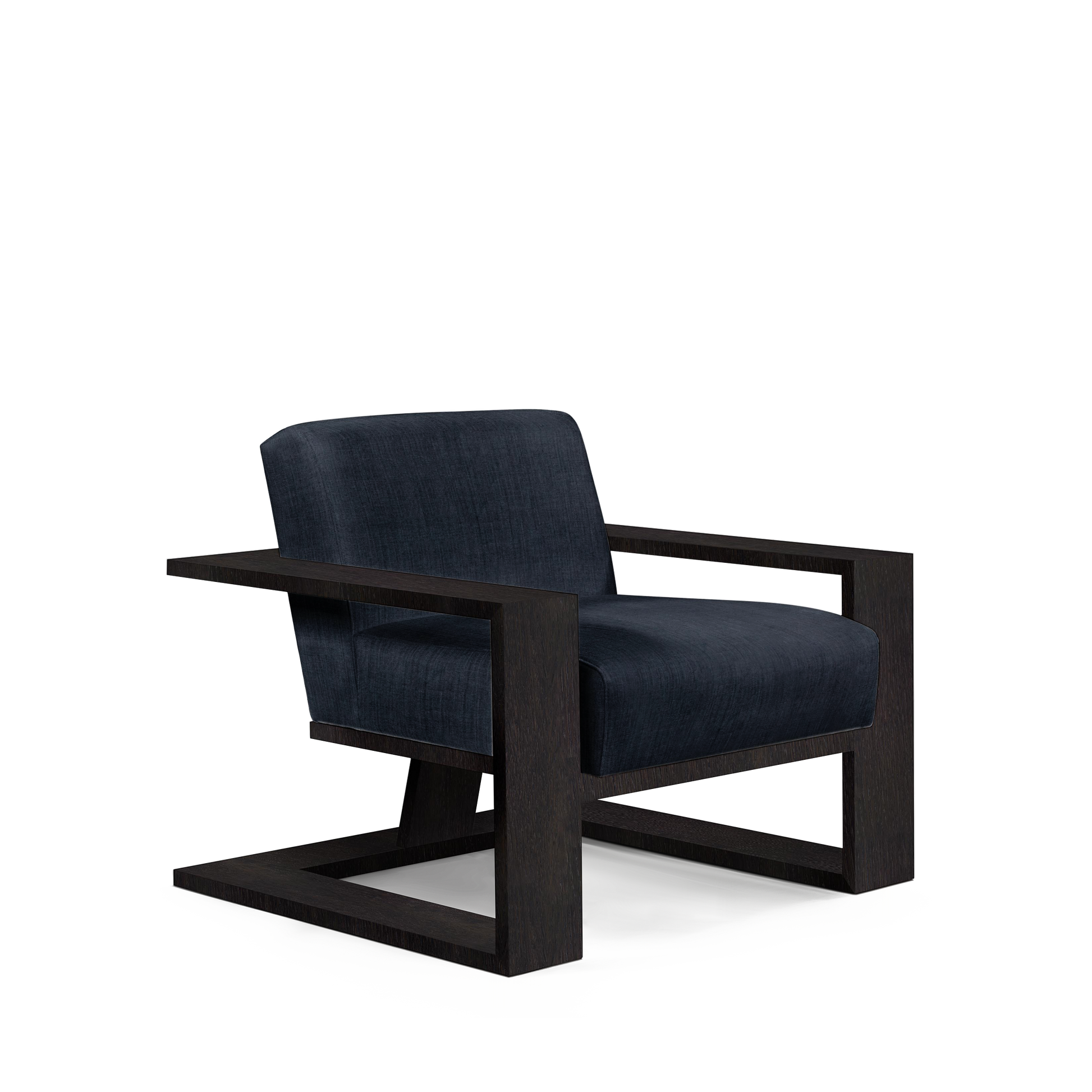SIERRA ARMCHAIR with dark blue textile and chocolate wood 