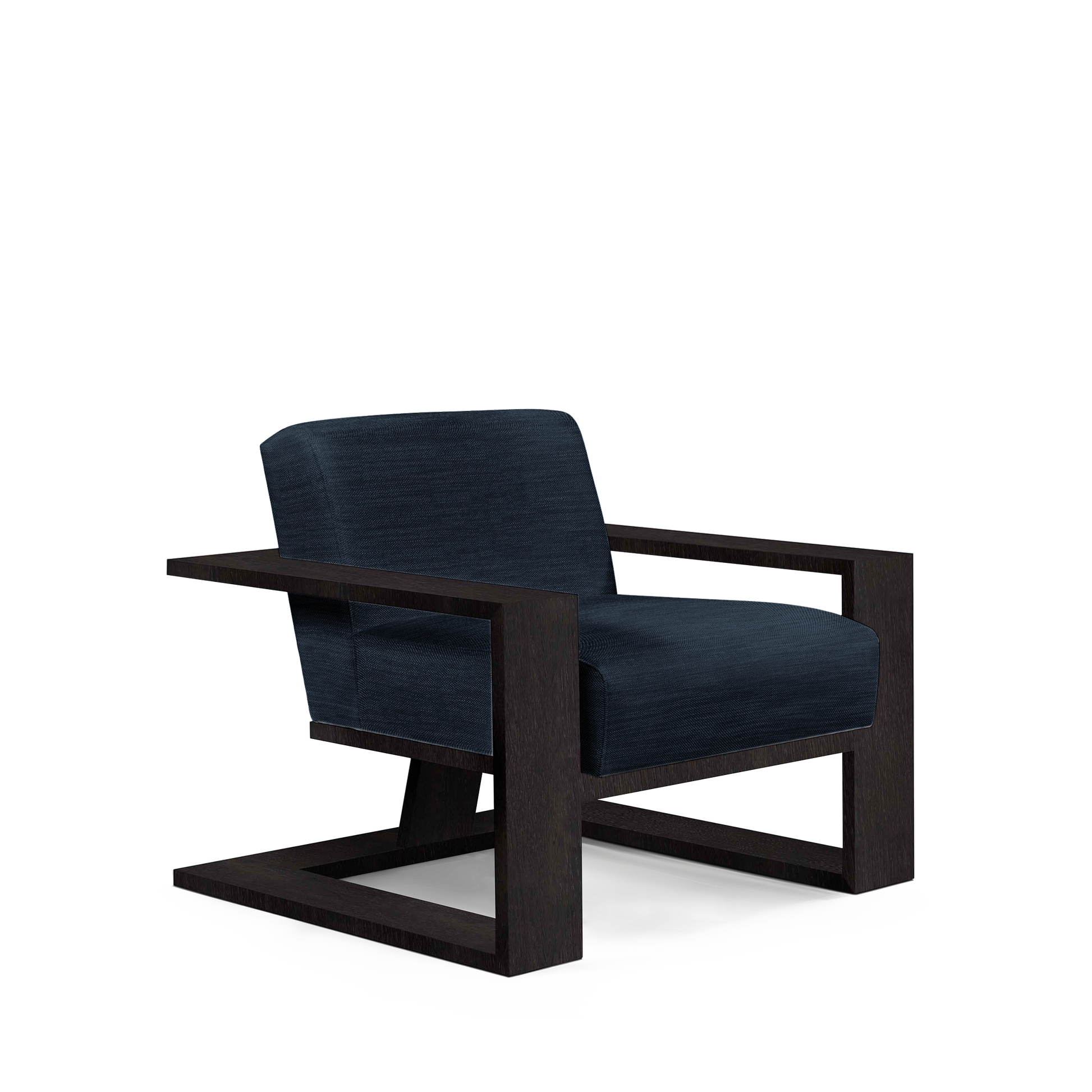 SIERRA ARMCHAIR with Rocco dark blue textile and chocolate wood 