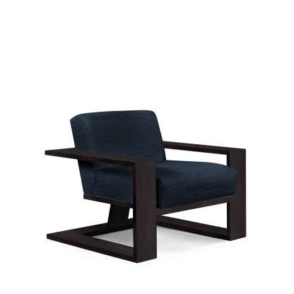 SIERRA ARMCHAIR with Rocco dark blue textile and chocolate wood 